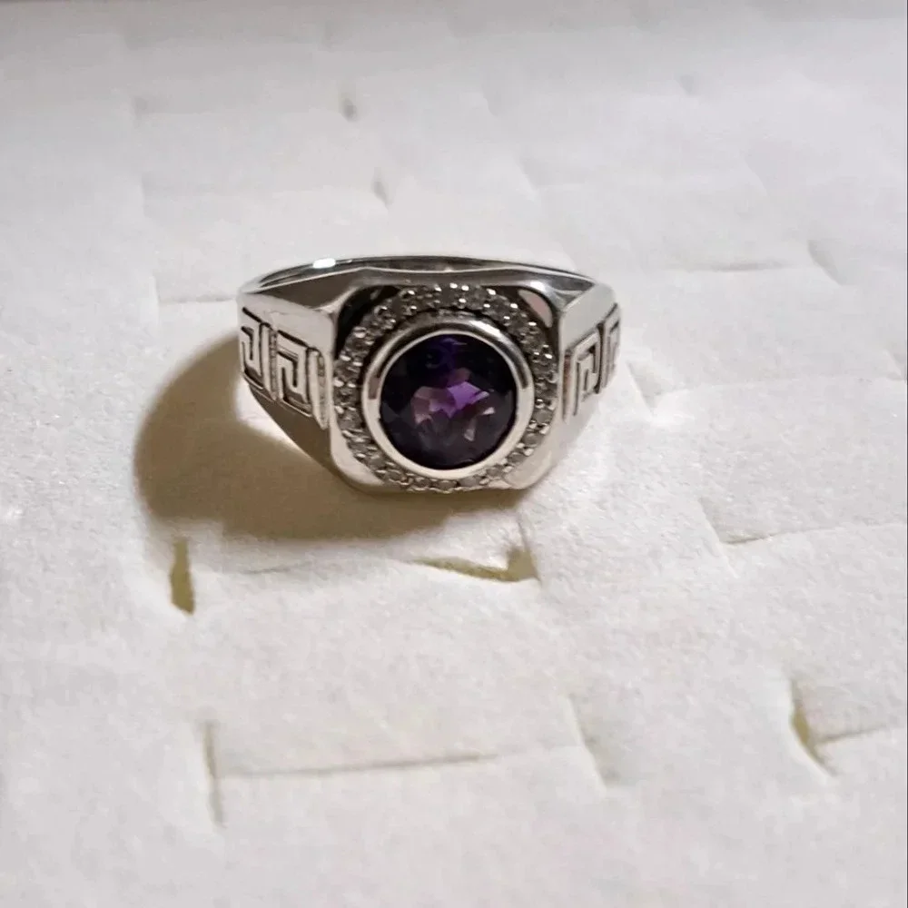 Amethyst & White Zircon Men's Ring Platinum Over Sterling Silver